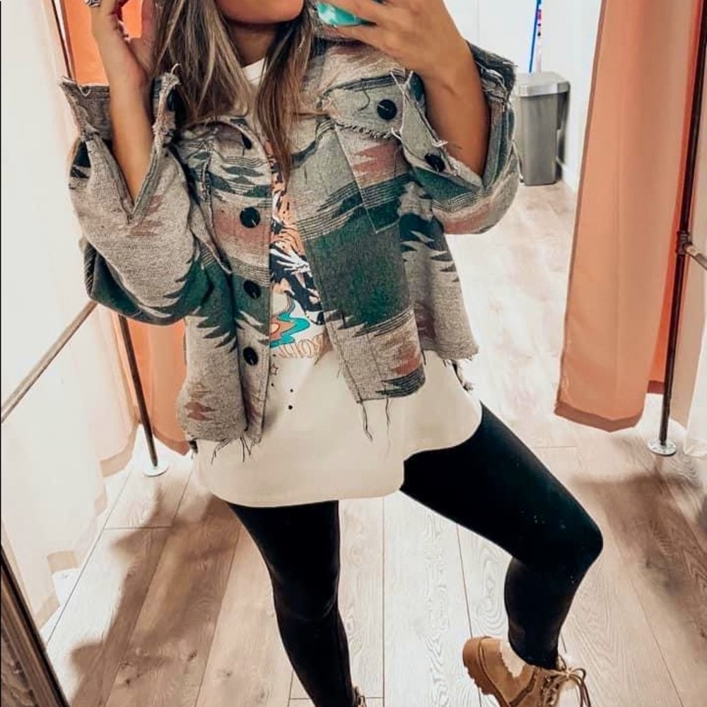 Raw Hem Pink/Grey Aztec Shacket